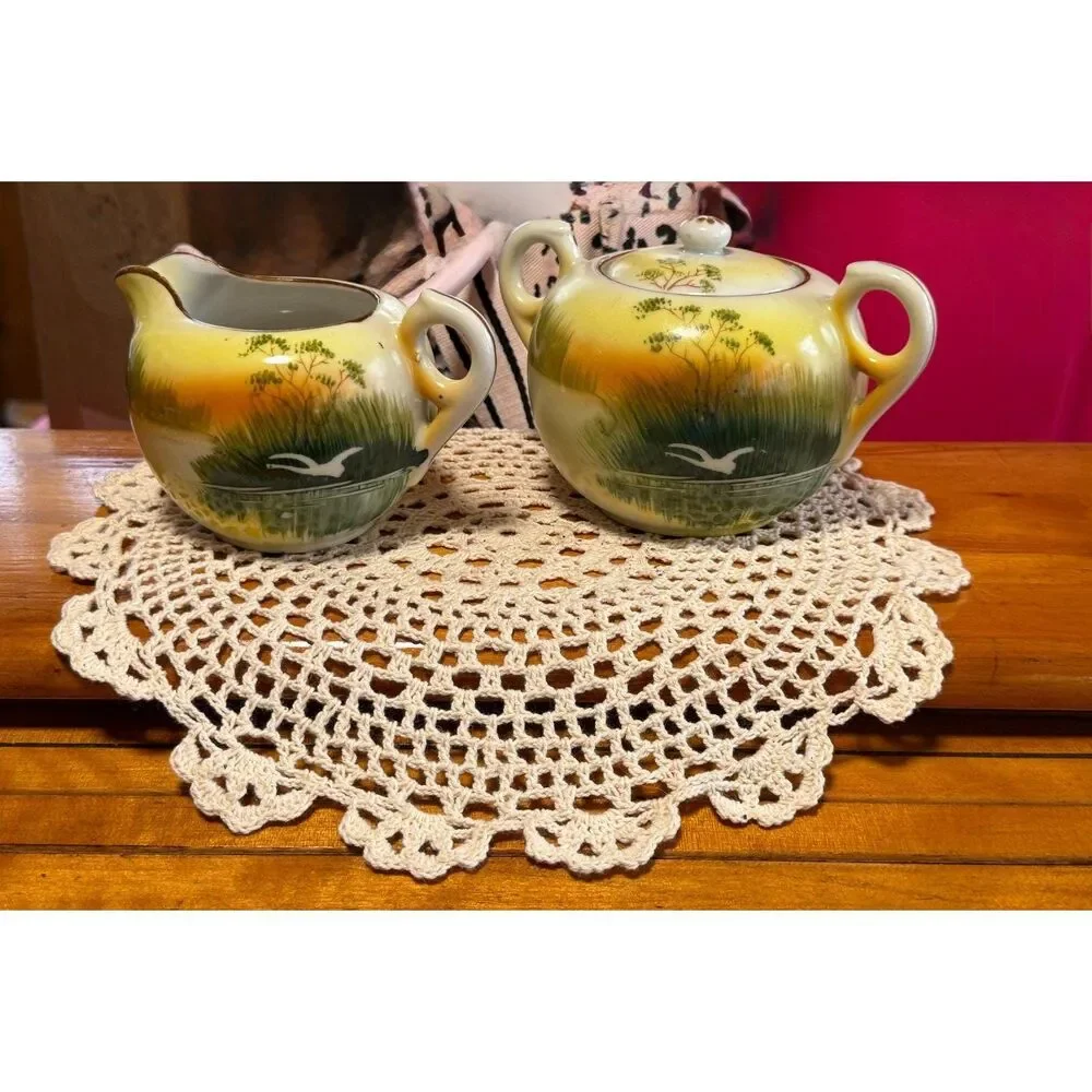 Vintage Japanese Hand painted Creamer and Sugar Bowl Set